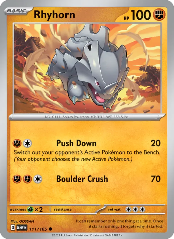 Rhyhorn #111/165 Scarlet & Violet 151 Near Mint Pokemon Card