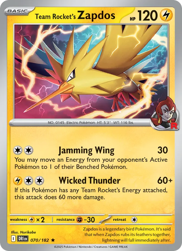 Team Rocket's Zapdos - Destined Rivals - #070 - Near Mint - Pokemon Card